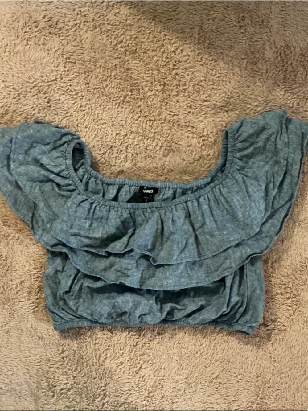 Express Blue Jean Ruffle Off-Shoulder Women's Crop Top